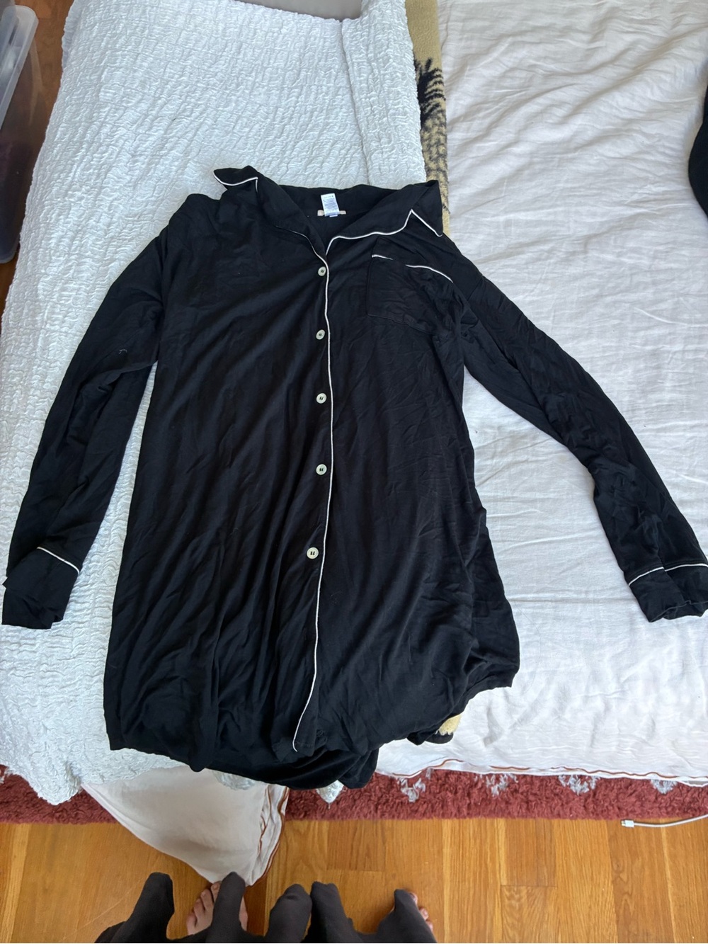 Eberjey Black Knit Button-Up Pajama Top with White Piping